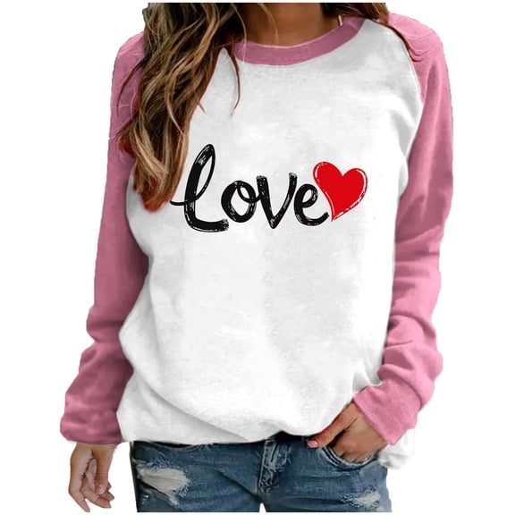 Enjoytime Valentines Day Womens Sweatshirts Trendy Cute Heart Print Pullover Crewneck Sweatshirt Fashion Casual Long Sleeve Shirts Pink L