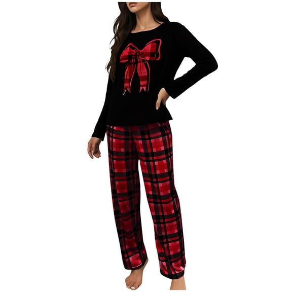 Enjoytime Valentines Lounge Sets for Women Bow Print Crewneck Long Sleeve Tops with Pants 2 Piece Sleepwear Comfy Matching Pajama Set