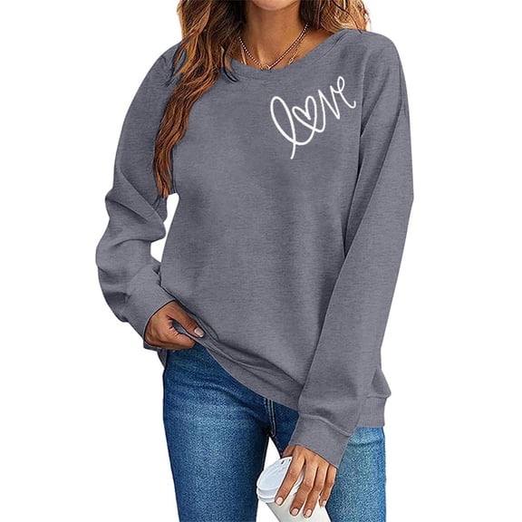 Enjoytime Valentines Tops for Women Trendy Lover Heart Print Pullover Crewneck Sweatshirts Lightweight Casual Long Sleeve Blouse Gray XS