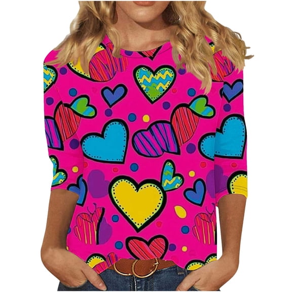 Enjoytime Valentines Womens Blouses Cute Hearts Printed Round Neck 3/4 Sleeve Tops Trendy Casual Plus Size Shirts Blue S