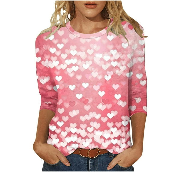 Enjoytime Valentines Womens Shirts Heart Printed Round Neck 3/4 Sleeve Tops Funny Cute Fashion Casual Plus Size Blouse Pink S