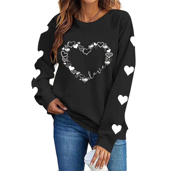 Enjoytime Valentines Womens Tops Lover Heart Print Crewneck Long Sleeve Shirt Lightweight Casual Pullover Sweatshirts Black L