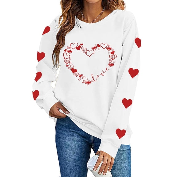 Enjoytime Valentines Womens Tops Lover Heart Print Crewneck Long Sleeve Shirt Lightweight Casual Pullover Sweatshirts White L