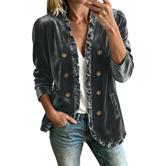 Enjoytime Velvet Open Front Jackets for Women Trendy Ruffle Double Breasted Long Sleeve Coat Plus Size Fashion Vintage Casual Outerwear