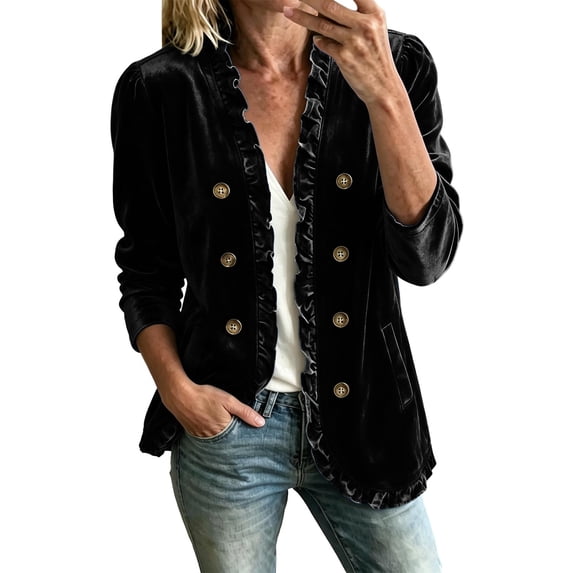 Enjoytime Velvet Open Front Jackets for Women Trendy Ruffle Double Breasted Long Sleeve Coat Plus Size Fashion Vintage Casual Outerwear