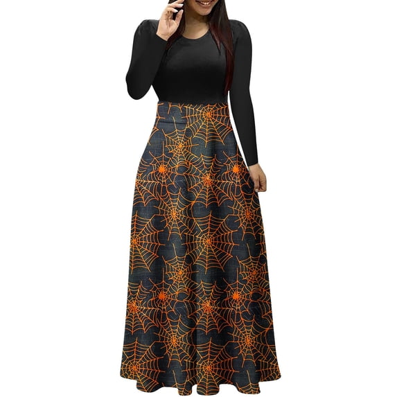 Enjoytime Vintage Dress for Women Halloween Print Long Sleeve Patchwork Maxi Dress Fall Crew Neck A Line Party Dresses