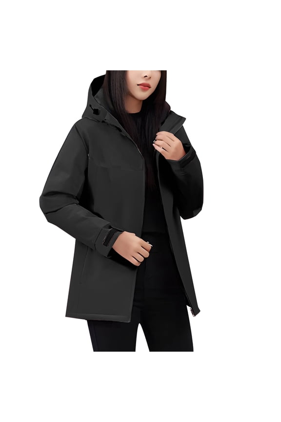 Waterproof Rain Jacket Women Patchwork Long Sleeve Raincoats Casual Loose Velvet Warm Windbreaker Plus Size Winter Clothes for Women Black L