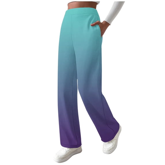 Enjoytime Wide Leg Pants Woman Gradient High Waist Straight Leg Pants Fall Winter Warm Comfy Loose Casual Trousers Light Blue M