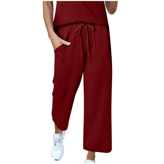 Enjoytime Wide Leg Pants Woman Solid Color Drawstring Waist Trousers Workout Loose Pants with Pockets Wine XL