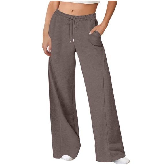 Enjoytime Wide Leg Pants Woman Solid Color Straight Leg Sweatpants with Drawstring Loose Casual Athletic Pants with Pockets Coffee S