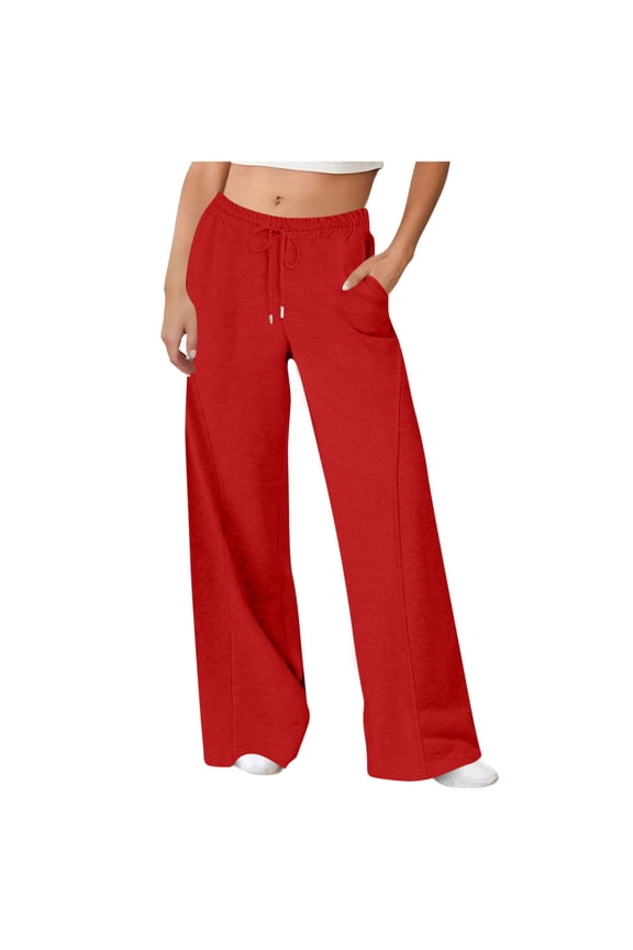 Wide Leg Pants Woman Solid Color Straight Leg Sweatpants with Drawstring Loose Casual Athletic Pants with Pockets Red M