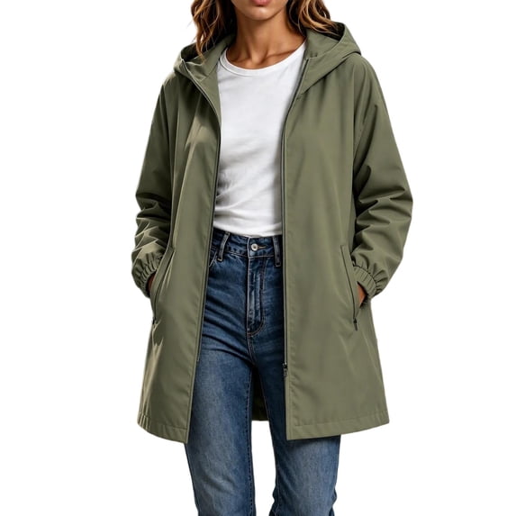 Enjoytime Windbreaker Jacket Women Long Sleeve Zip Up Hooded Long Rain Jacket Outdoor Hiking Travel Casual Outerwear with Pockets