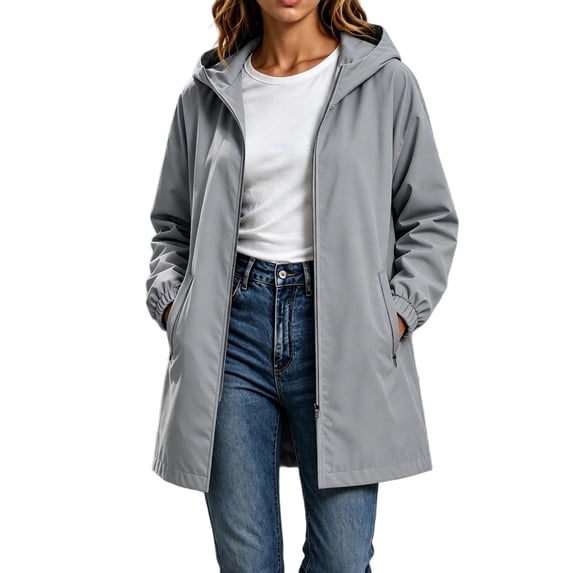 Enjoytime Windbreaker Jacket Women Long Sleeve Zip Up Hooded Long Rain Jacket Outdoor Hiking Travel Casual Outerwear with Pockets