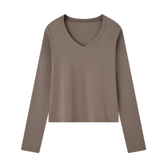 Enjoytime Winter Blouses for Women 2025 Solid Color V-Neck Long Sleeve Shirts Casual Loose Trendy Fall Tops Coffee XXL