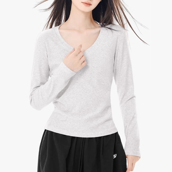 Enjoytime Winter Blouses for Women 2025 Solid Color V-Neck Long Sleeve Shirts Casual Loose Trendy Fall Tops Gray L