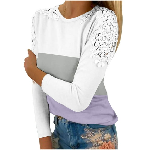 Enjoytime Winter Blouses for Women Color Block Printed Womens Crewneck Long Sleeve Tops Comfy Loungewear Tops for Women Trendy