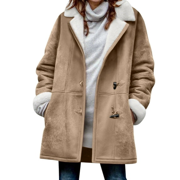 Enjoytime Winter Clothing for Women Solid Color Long Sleeve Coats Turndown Collar Button Down Casual Outerwear Trendy Warm Fall Winter Oversized Jacket Khaki M