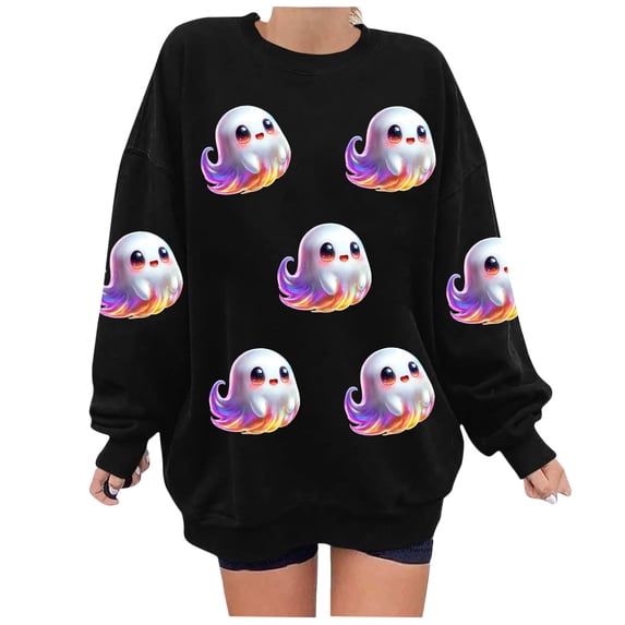 Enjoytime Winter Clothing for Women Cute Ghost Printed Round Neck Halloween Sweatshirts Casual Loose Shirt Fall Long Sleeve Pullover Tops