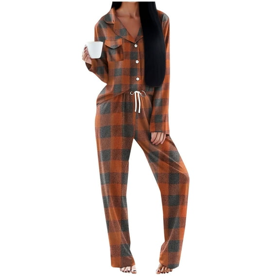 Enjoytime Winter Clothing for Women Plaid Long Sleeve Button Down Shirts Long Pants Two Piece Set Casual Loose Fall Outfits Soft Comfy Loungewear