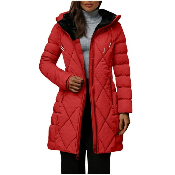 Enjoytime Winter Clothing for Women Solid Color Long Sleeve Mid-Length Coats Cozy Warm Hooded Zip Up Puffer Jacket Fall Fashion Casual Outerwear