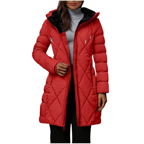 Enjoytime Winter Clothing for Women Solid Color Long Sleeve Mid-Length Coats Cozy Warm Hooded Zip Up Puffer Jacket Fall Fashion Casual Outerwear