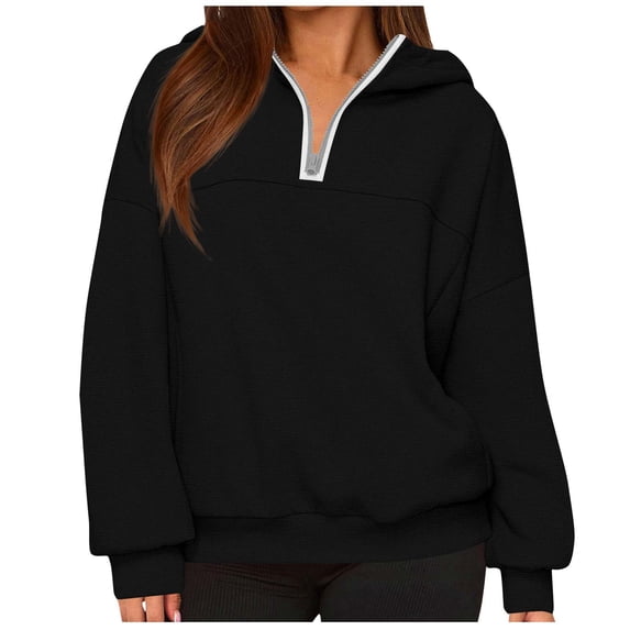 Enjoytime Winter Clothing for Women Solid Color V-Neck Long Sleeve Half Zip Up Hoodie Fall Fashion Casual Pullover Sweatshirts Black S
