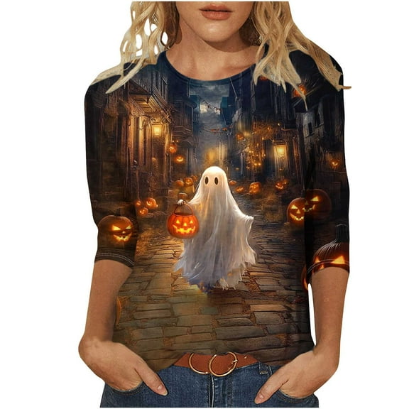 Enjoytime Winter Clothing for Women Vintage Printed 3/4 Sleeve Tops Casual Loose Halloween Shirts Classic Round Neck Plus Size Blouses
