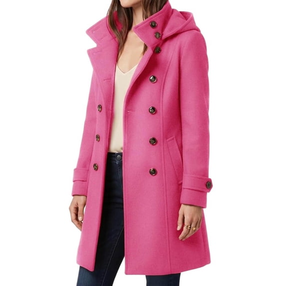 Enjoytime Winter Coats for Women Double Breasted Mid‑Length Hooded Overcoat Fall Winter Warm Cozy Long Sleeve Outerwear
