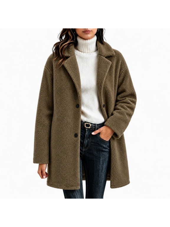 Winter Coats for Women Fleece Lapel Long Sleeve Overcoat Plus Size Fashion Cozy Fall Jacket Warm Mid Length Outerwear