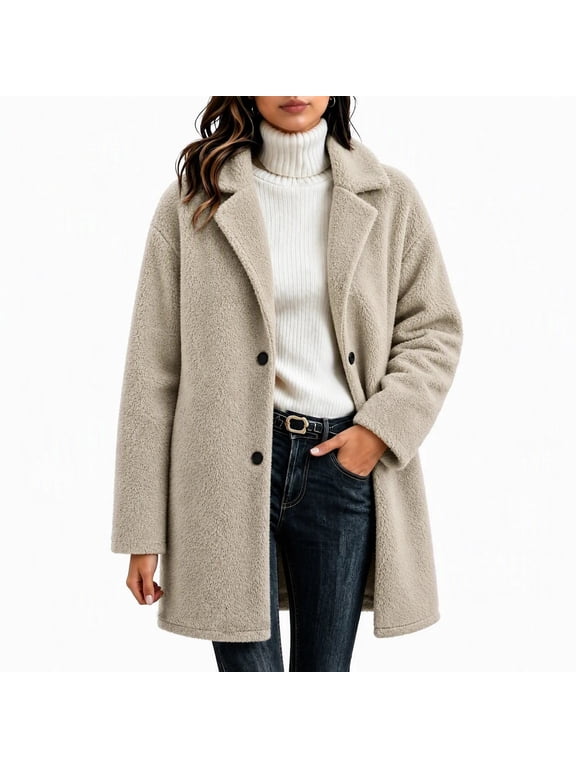 Winter Coats for Women Fleece Lapel Long Sleeve Overcoat Plus Size Fashion Cozy Fall Jacket Warm Mid Length Outerwear