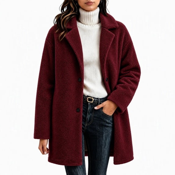 Enjoytime Winter Coats for Women Fleece Lapel Long Sleeve Overcoat Plus Size Fashion Cozy Fall Jacket Warm Mid Length Outerwear
