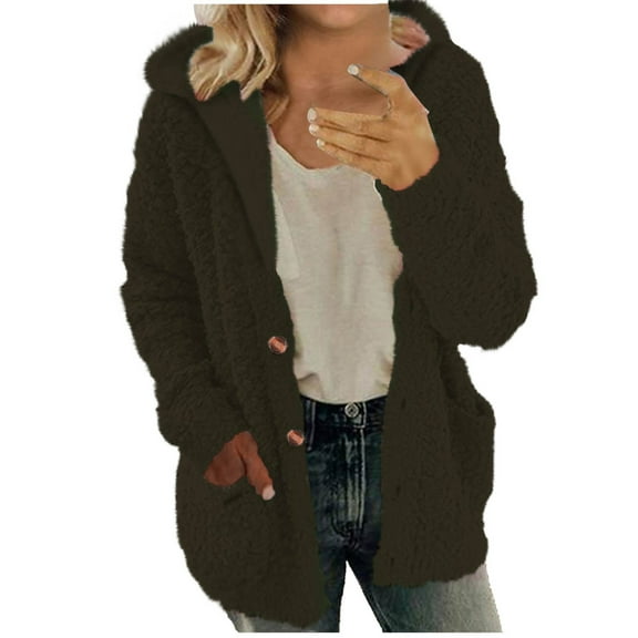 Enjoytime Winter Coats for Women Hooded Sweater Coat Winter Warm Wool Button Neck Long Sleeve Women Jackets Outwear