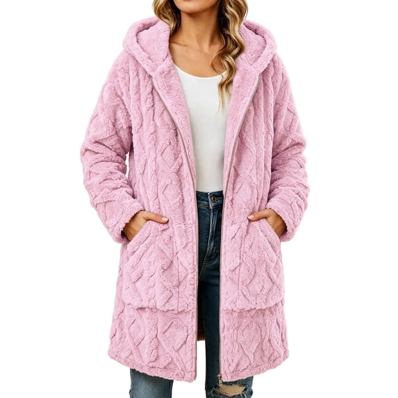 Enjoytime Winter Coats for Women Hooded Zip Up Textured Fleece Jacket Cozy Thick Warm Mid Length Outerwear Cozy Plus Size Clothes