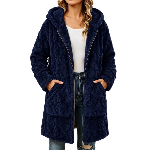 Enjoytime Winter Coats for Women Hooded Zip Up Textured Fleece Jacket Cozy Thick Warm Mid Length Outerwear Cozy Plus Size Clothes
