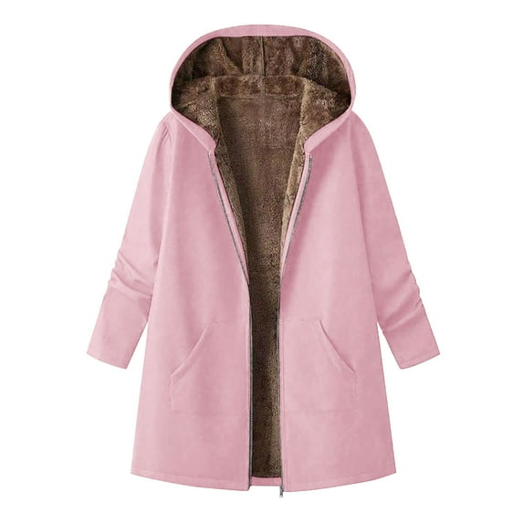 Enjoytime Winter Coats for Women Long Sleeve Zip Up Jacket Fashion Solid Color Hooded Outerwear Thick Warm Fall Clothes Pink M