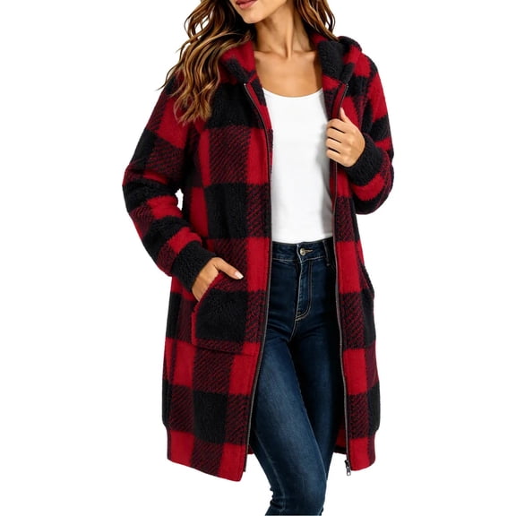 Enjoytime Winter Coats for Women Plaid Long Sleeve Zip Up Hooded Long Jacket Cozy Warm Fleece Casual Outerwear with Pockets