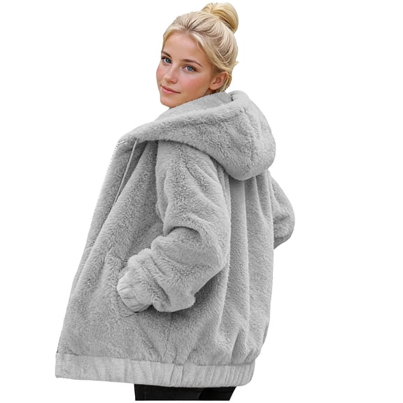 Enjoytime Winter Coats for Women Solid Color Fleece Zip Up Jacket Plus Size Fall Fashion Long Sleeve Hooded Outerwear Gray XXXXL