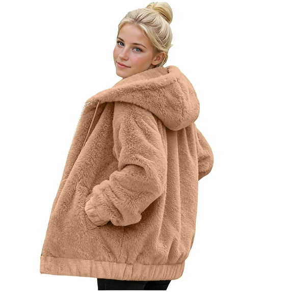 Enjoytime Winter Coats for Women Solid Color Fleece Zip Up Jacket Plus Size Fall Fashion Long Sleeve Hooded Outerwear Khaki XXXL
