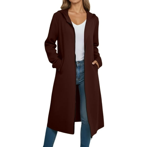 Enjoytime Winter Coats for Women Solid Color Hooded Long Sleeve Casual Outerwear Fall Soft Warm Long Zip Up Jacket Brown XL