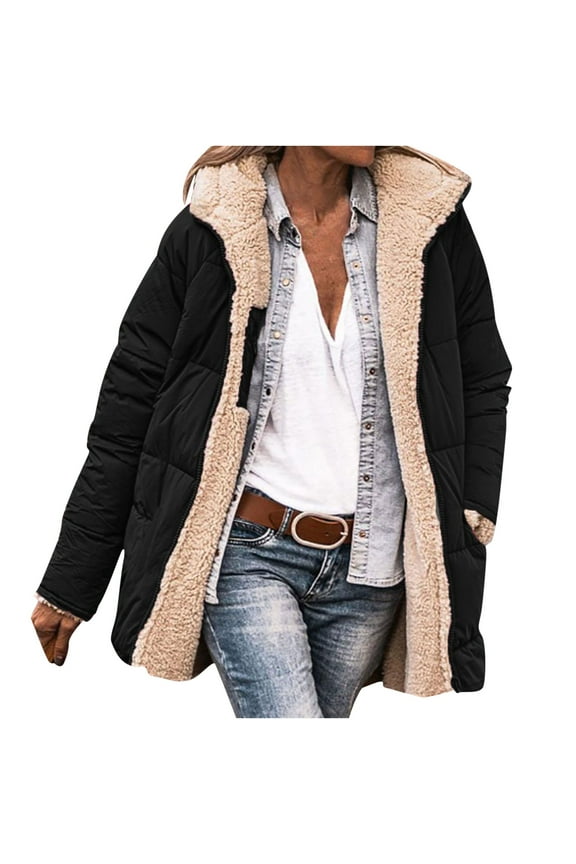 Winter Coats for Women Solid Color Long Sleeve Zipper Casual Outerwear Cozy Warm Hooded Cotton Jackets Plus Size Fall Clothes