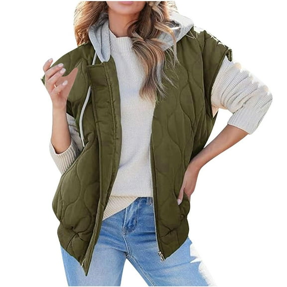 Enjoytime Winter Coats for Women Solid Color Sleeveless Zip Up Jacket Casual Outerwear Fashion Fall Clothes 2025 Green M