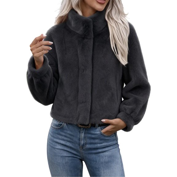Enjoytime Winter Coats for Women Stand Collar Button Down Long Sleeve Cropped Jacket Fleece Soft Warm Outerwear with Pockets