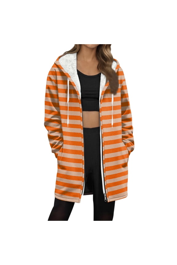 Winter Coats for Women Striped Print Long Sleeve Hooded Zip Up Jacket Fall Fashion 2025 Casual Outerwear