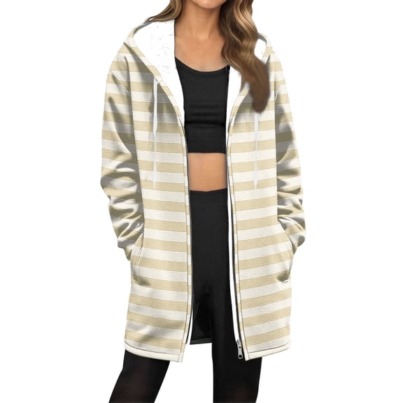 Enjoytime Winter Coats for Women Striped Print Long Sleeve Hooded Zip Up Jacket Fall Fashion 2025 Casual Outerwear