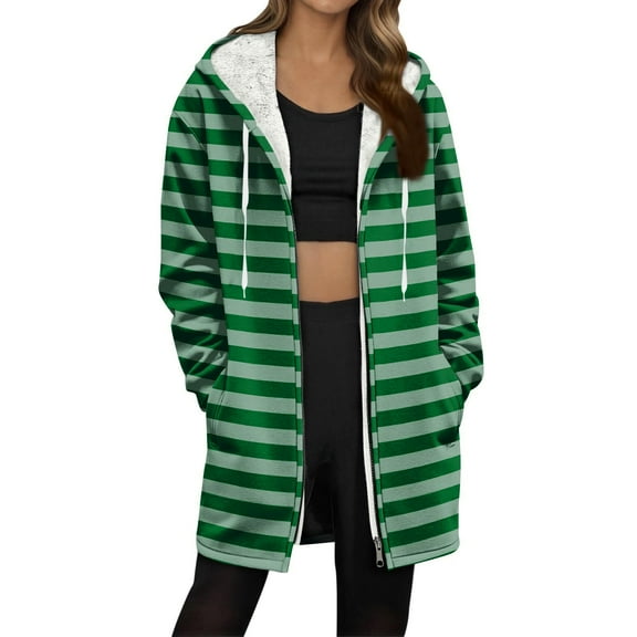 Enjoytime Winter Coats for Women Striped Print Long Sleeve Hooded Zip Up Jacket Fall Fashion 2025 Casual Outerwear