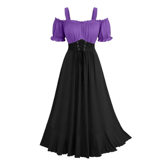 Enjoytime Winter Dresses for Women Halloween Patchwork Off Shoulder Lace Maxi Dress Bandage Long Sleeve Gothic Renaissance Dress Purple L