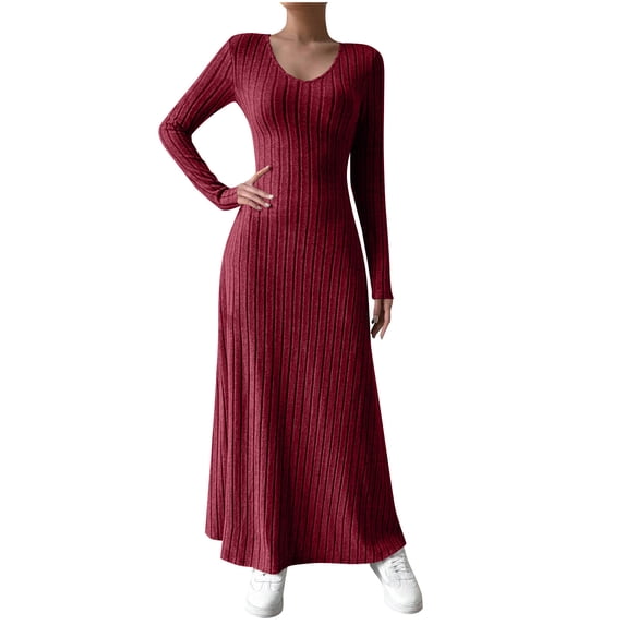 Enjoytime Winter Dresses for Women Solid Color Crew Neck Long Sleeve A-Line Knitted Dress Fashion Casual Slim Maxi Dresses