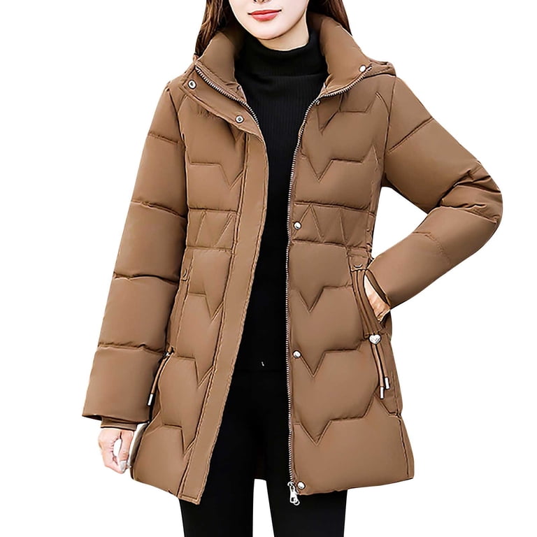 Enjoytime Winter Jackets for Women Casual Solid Color Long Sleeve Hooded  Outerwear Fashion Fall Warm Coats Plus Size Clothes Coffee XL
