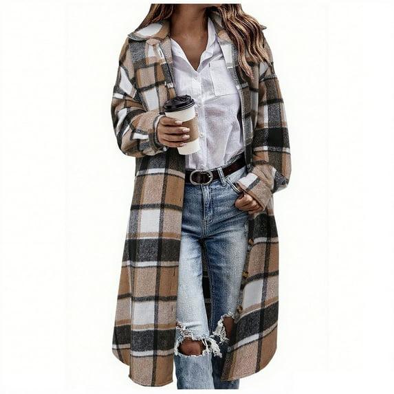 Enjoytime Winter Jackets for Women Plaid Button Down Long Coat Long Sleeve Casual Loose Womens Cardigan Fall Fashion Clothes 2025 Brown L