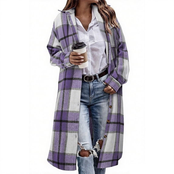 Enjoytime Winter Jackets for Women Plaid Button Down Long Coat Long Sleeve Casual Loose Womens Cardigan Fall Fashion Clothes 2025 Purple XXL